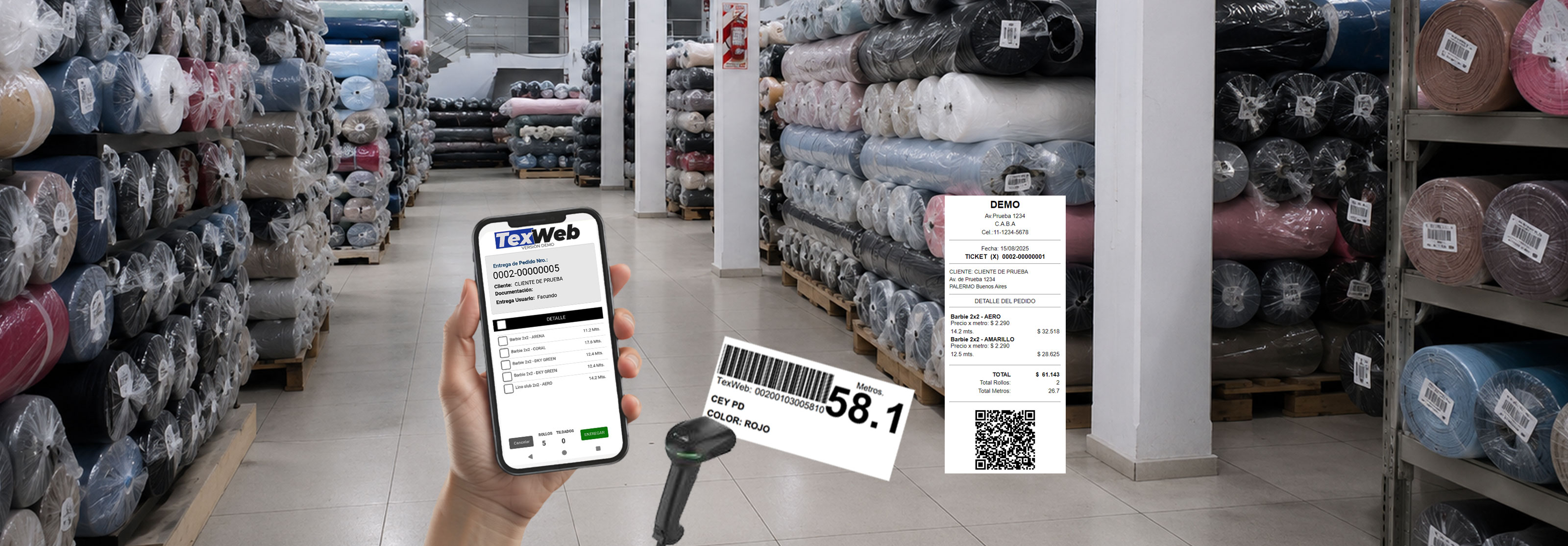 TexWeb con celular, scanner, etiqueta y ticket